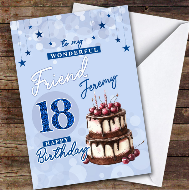 Personalised Male Friend 18th Birthday Card Blue Cherry Cake