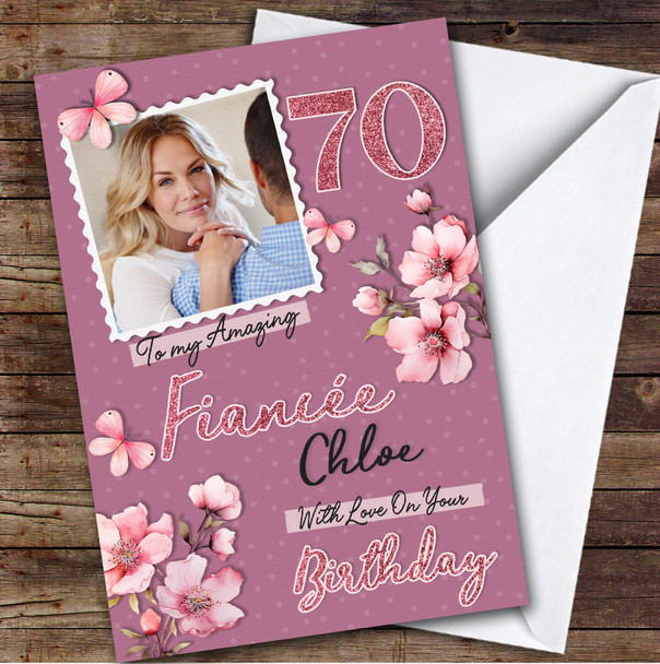 Personalised Fiancee 70th Birthday Card Pink Photo Frame Personalised Fiancee 70th Birthday Card Pink Photo Frame