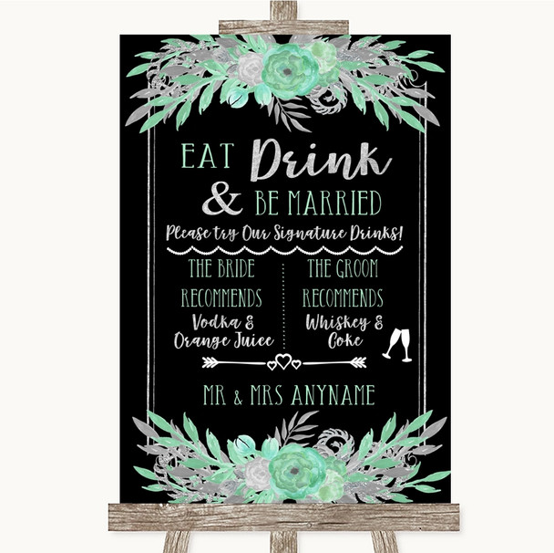 Black Mint Green and Silver Signature Favourite Drinks Personalised Wedding Sign