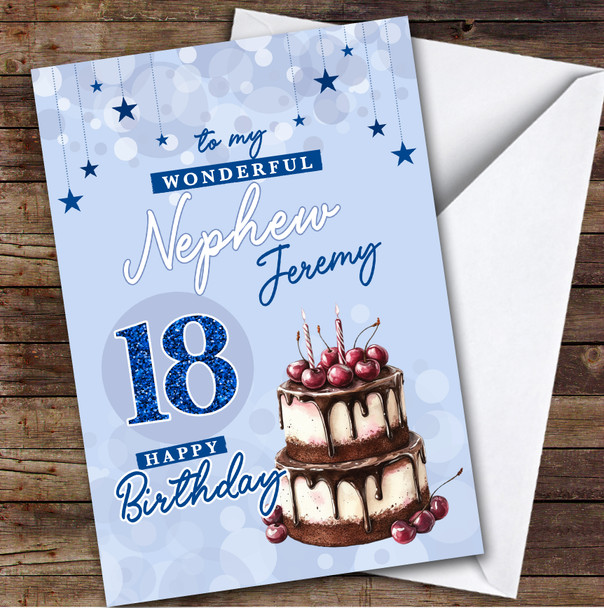 Personalised Nephew 18th Birthday Card Blue Cherry Cake