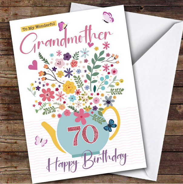 Personalised Grandmother 70th Birthday Card Tea Pot