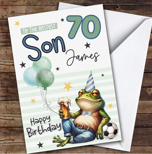Personalised 70th Birthday Card Son Frog With Beer