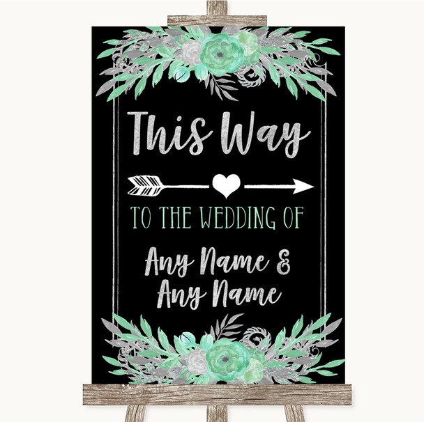 Black Mint Green & Silver This Way Arrow Right Personalised Wedding Sign