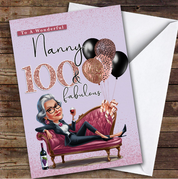 Personalised Nanny 100th Birthday Card Glamorous Woman On Sofa Personalised Nanny 100th Birthday Card Glamorous Woman On Sofa