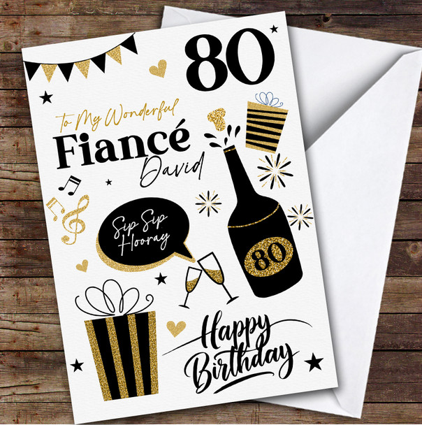Personalised Birthday Card For Fiance 80th Black Gold Presents