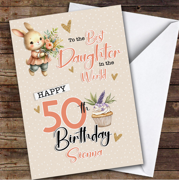 Personalised Daughter 50th Birthday Card Bunny With Flowers Personalised Daughter 50th Birthday Card Bunny With Flowers