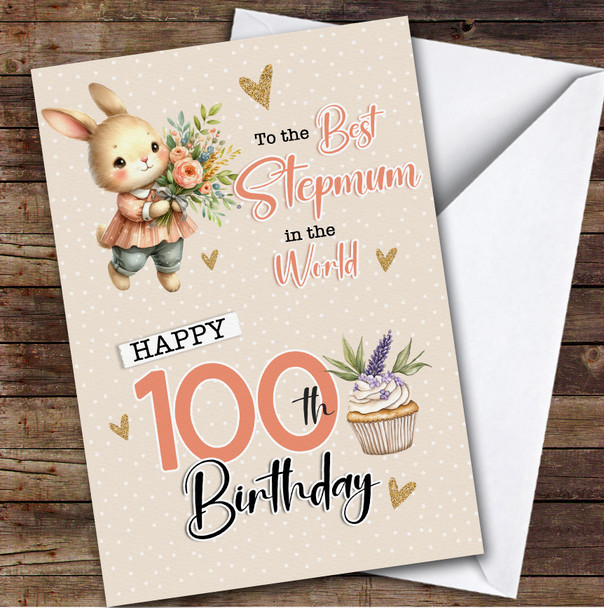 Personalised Stepmum 100th Birthday Card Bunny With Flowers