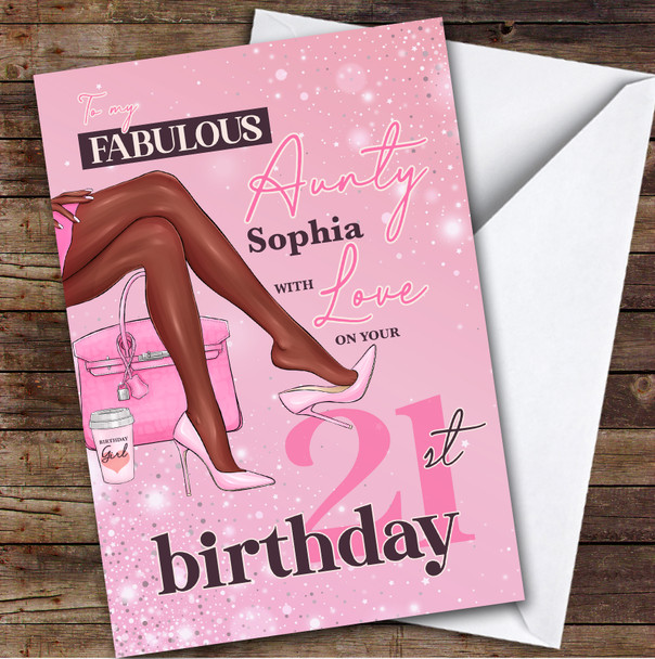 Personalised 21st Birthday Card For Aunty Dark Skin Legs Pink