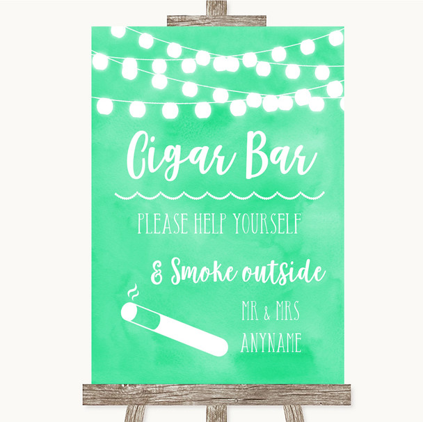 Mint Green Watercolour Lights Cigar Bar Personalised Wedding Sign
