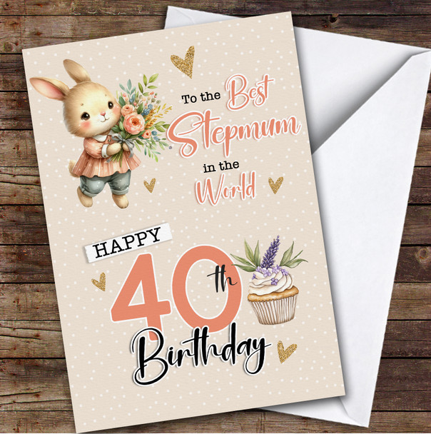 Personalised Stepmum 40th Birthday Card Bunny With Flowers