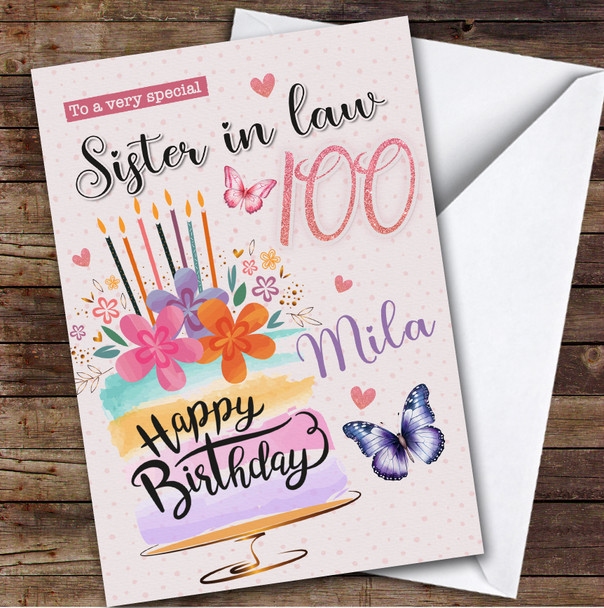 Personalised Sister-In-Law 100th Birthday Card Cake
