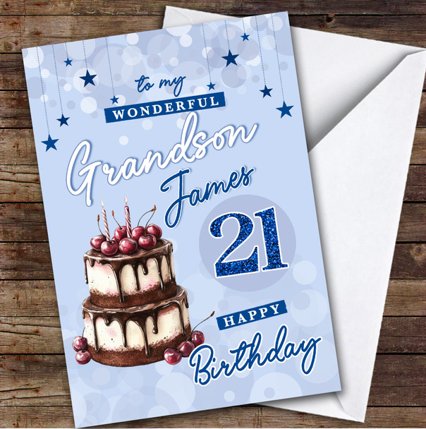 Personalised Grandson 21st Birthday Card Blue Cherry Cake