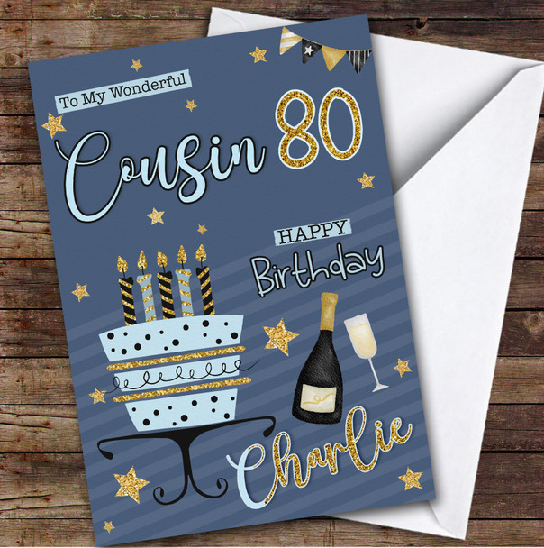 Personalised Male Cousin 80th Blue Gold Birthday Card Cake