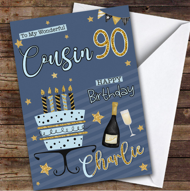 Personalised Male Cousin 90th Blue Gold Birthday Card Cake