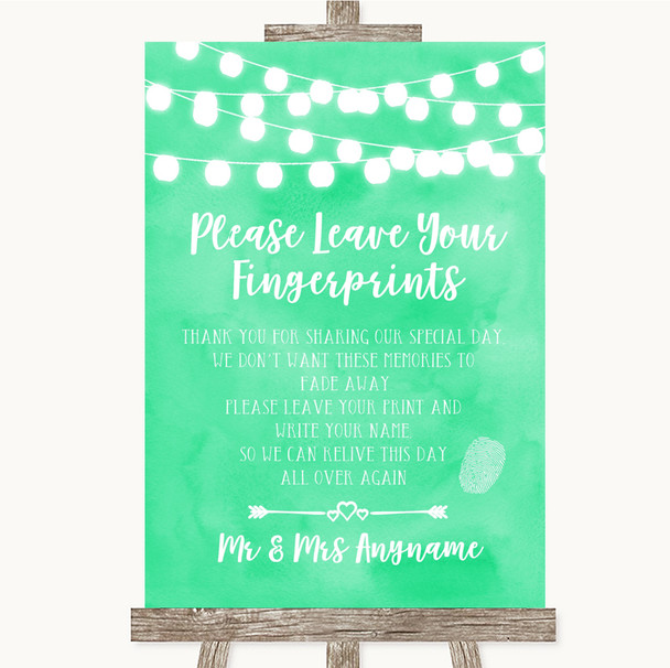 Mint Green Watercolour Lights Fingerprint Guestbook Personalised Wedding Sign