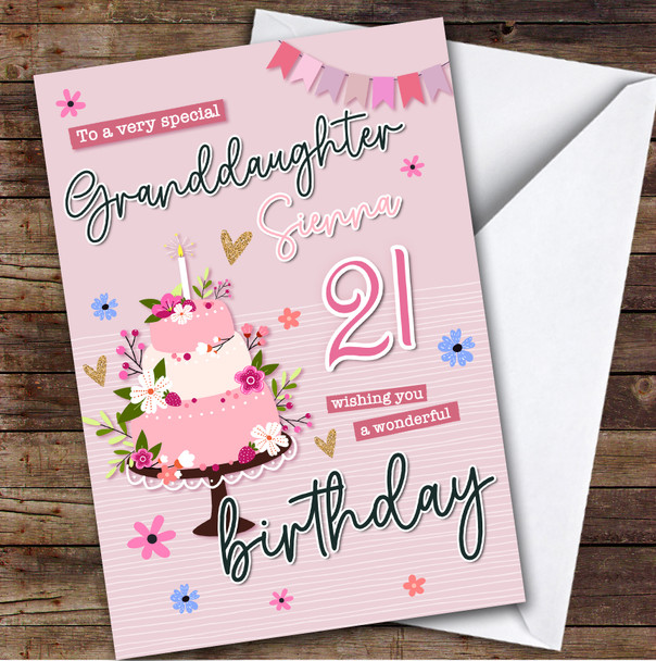 Personalised Granddaughter 21st Birthday Card Pink Birthday Card Cake