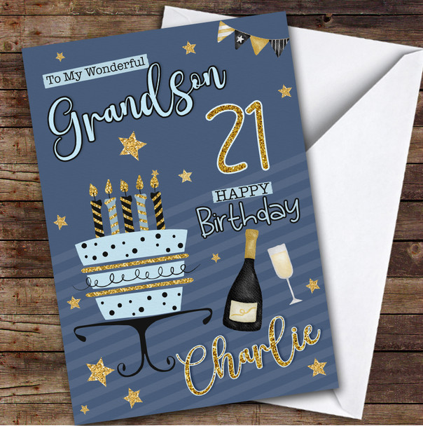 Personalised Grandson 21st Blue Gold Birthday Card Cake