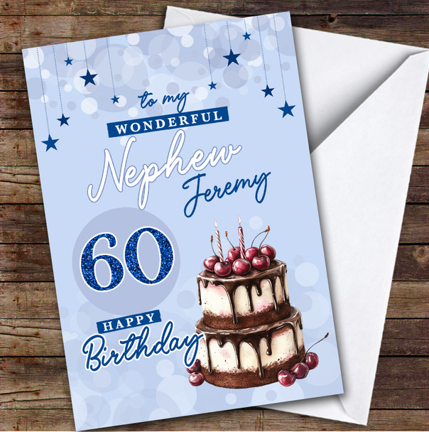 Personalised Nephew 60th Birthday Card Blue Cherry Cake