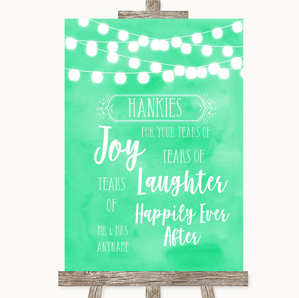 Mint Green Watercolour Lights Hankies And Tissues Personalised Wedding Sign