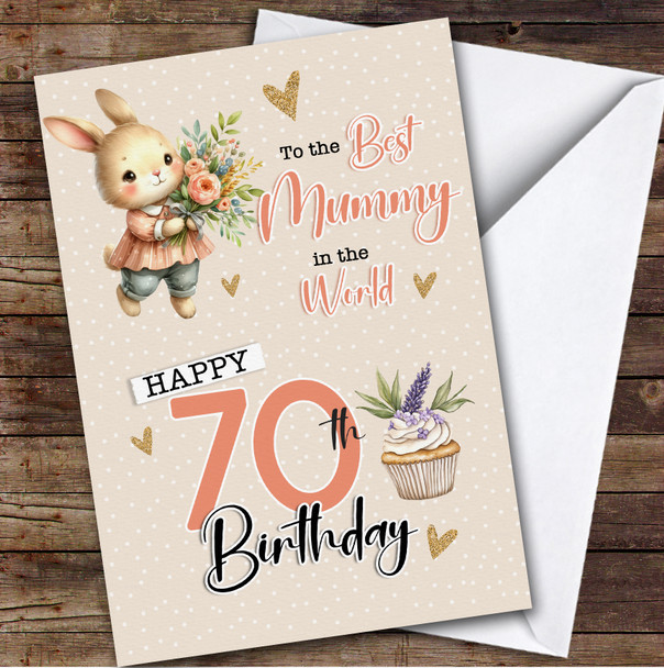 Personalised Mummy 70th Birthday Card Bunny With Flowers
