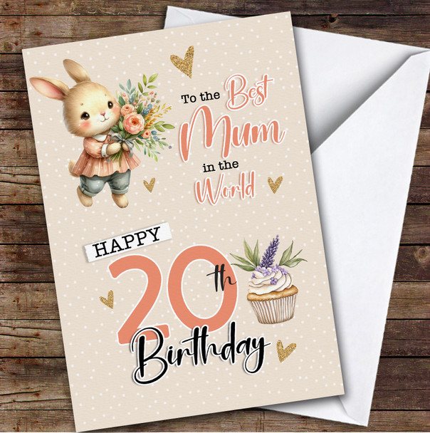Personalised Mum 20th Birthday Card Bunny With Flowers