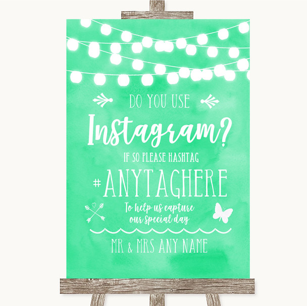 Mint Green Watercolour Lights Instagram Photo Sharing Personalised Wedding Sign