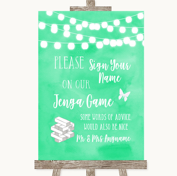 Mint Green Watercolour Lights Jenga Guest Book Personalised Wedding Sign