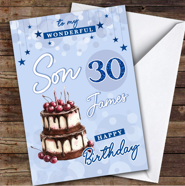 Personalised Son 30th Birthday Card Blue Cherry Cake