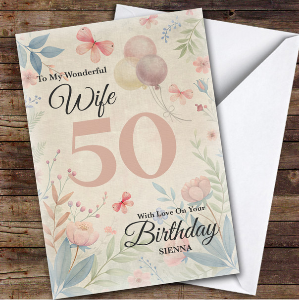 Personalised Wife 50th Birthday Card Vintage Style