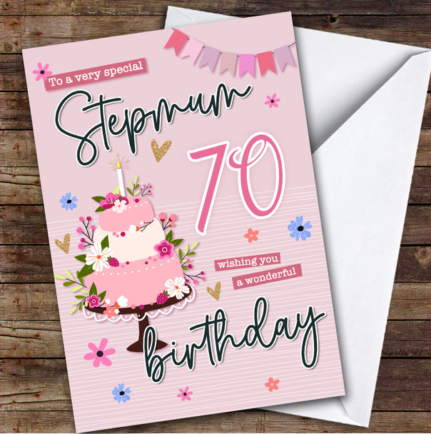 Personalised Stepmum 70th Birthday Card Pink Birthday Card Cake