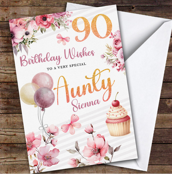 Personalised 90th Birthday Card For Aunty Pink