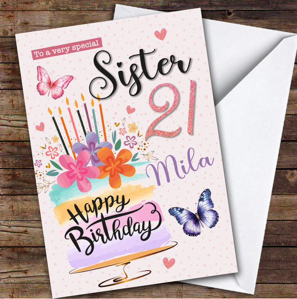Personalised Sister 21st Birthday Card Cake