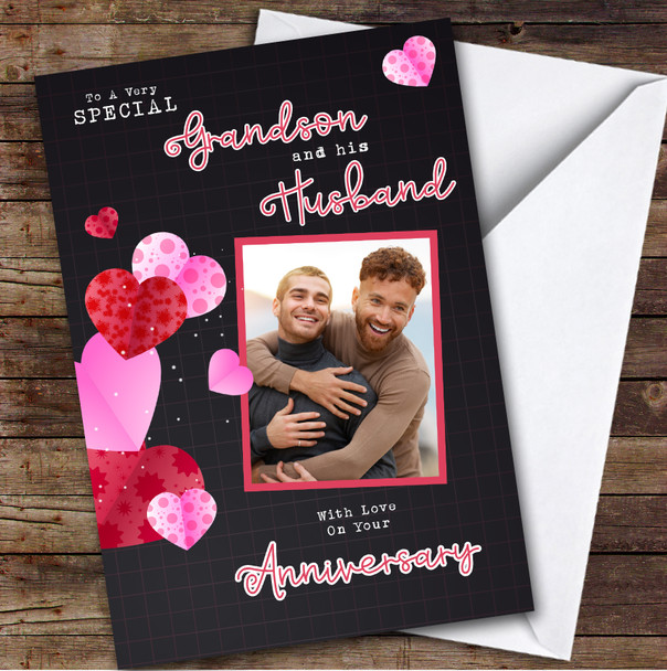 Personalised Anniversary Card For Grandson & His Husband Hearts Black Photo