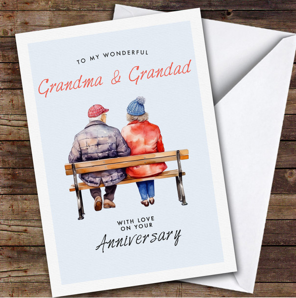 Personalised Anniversary Card For Grandma & Grandad Couple Sitting On A Bench