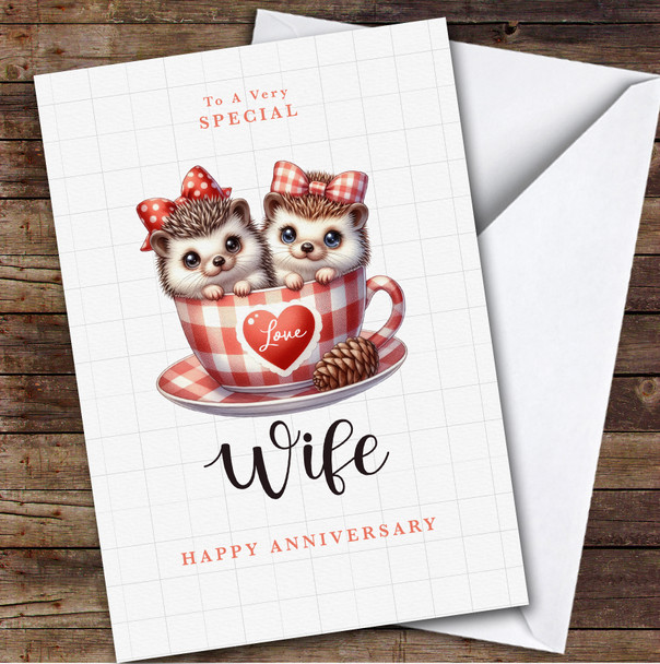 Personalised Wedding Anniversary Card For Wife Hedgehog Couple Tea Cup