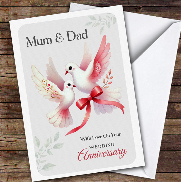 Personalised Wedding Anniversary Card For Mum & Dad Doves Red Ribbon Bow