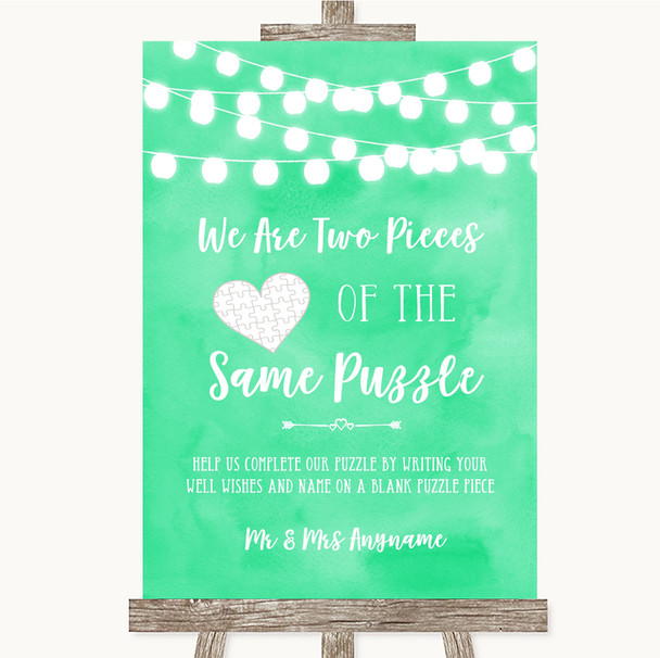 Mint Green Watercolour Lights Puzzle Piece Guest Book Personalised Wedding Sign