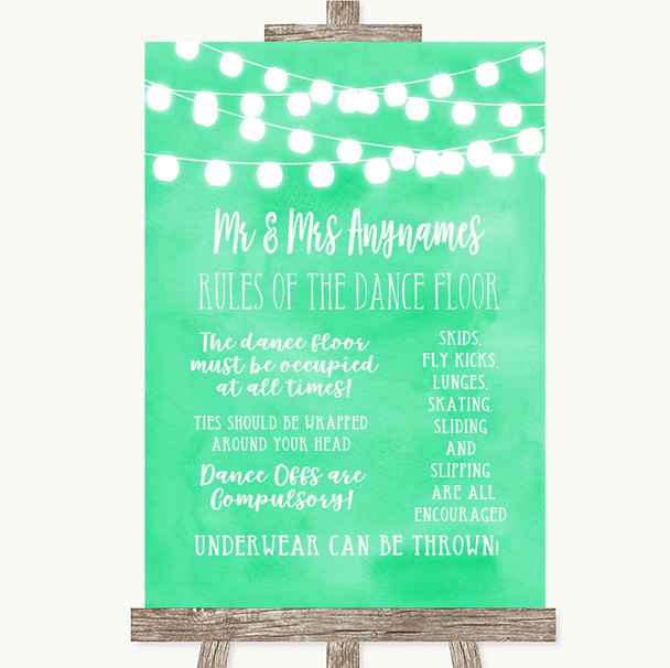 Mint Green Watercolour Lights Rules Of The Dance Floor Personalised Wedding Sign