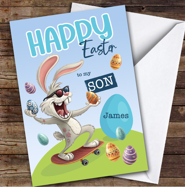 Son Kids Personalised Easter Card Funny Bunny Skateboard