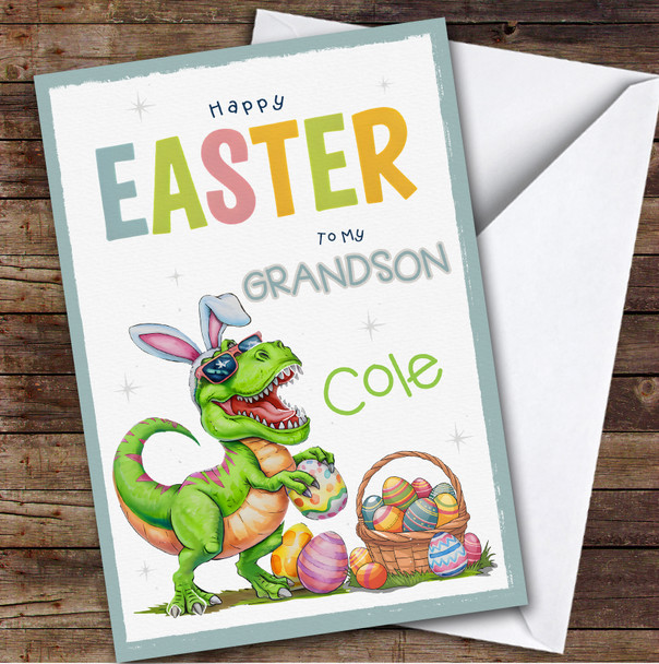 Grandson Kids Personalised Easter Card Dinosaur Bunny Ears