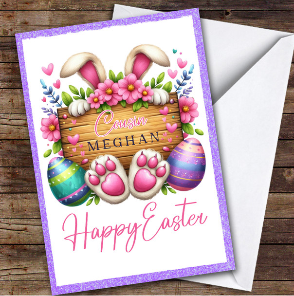 Female Cousin Kids Personalised Easter Card Foral Bunny Ears And Feet