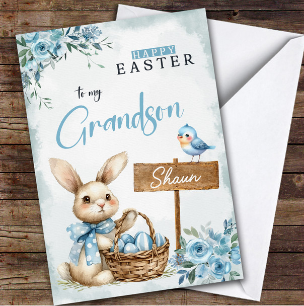 Grandson Kids Personalised Easter Card Blue Bunny