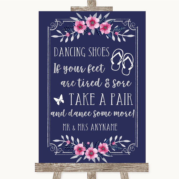 Navy Blue Pink & Silver Dancing Shoes Flip Flops Personalised Wedding Sign