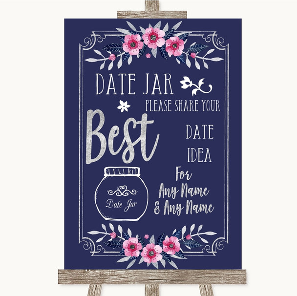 Navy Blue Pink & Silver Date Jar Guestbook Personalised Wedding Sign