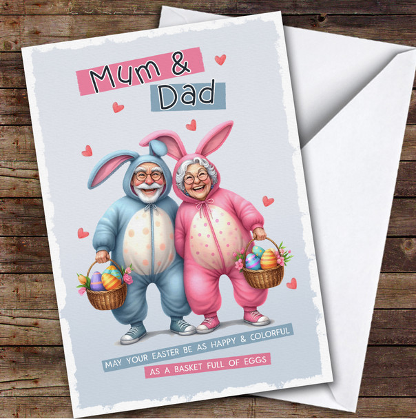 Personalised Easter Card Mum & Dad Funny Couple Bunny Onesie Personalised Easter Card Mum & Dad Funny Couple Bunny Onesie