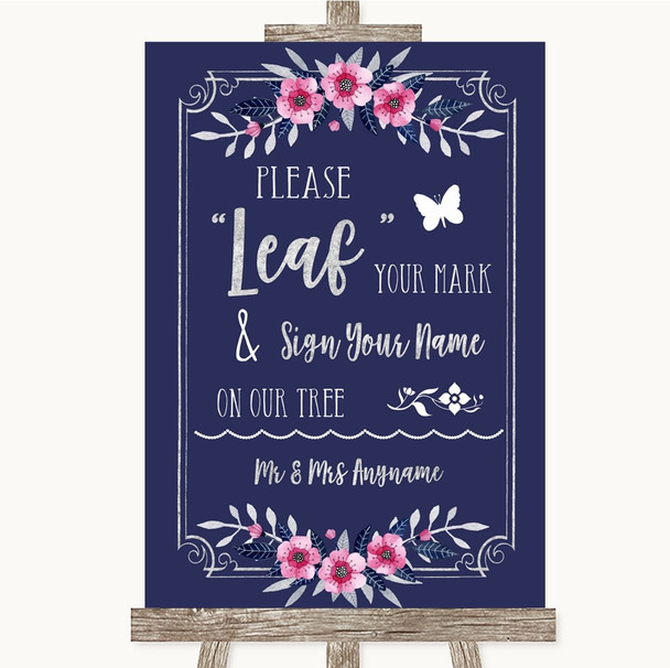 Navy Blue Pink & Silver Fingerprint Tree Instructions Personalised Wedding Sign