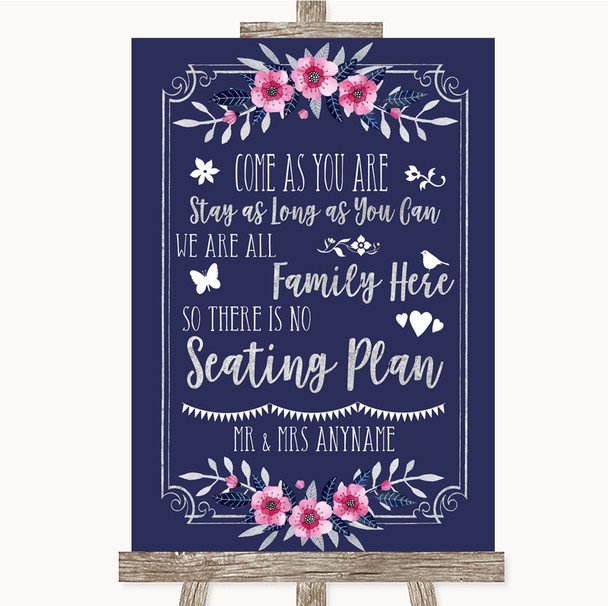 Navy Blue Pink and Silver All Family No Seating Plan Personalised Wedding Sign