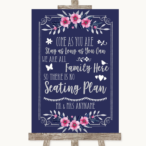 Navy Blue Pink & Silver All Family No Seating Plan Personalised Wedding Sign