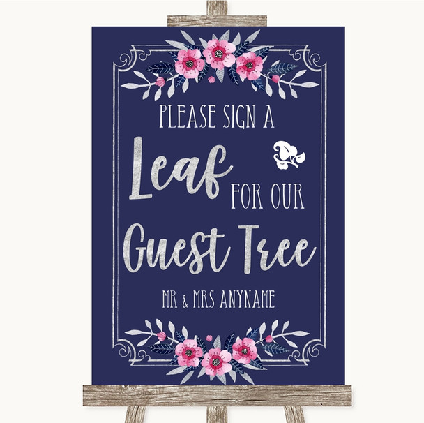 Navy Blue Pink & Silver Guest Tree Leaf Personalised Wedding Sign