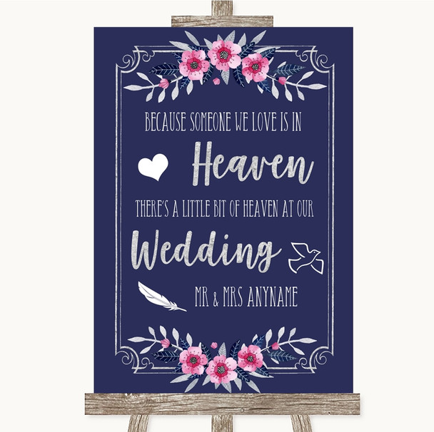 Navy Blue Pink & Silver Heaven Loved Ones Personalised Wedding Sign